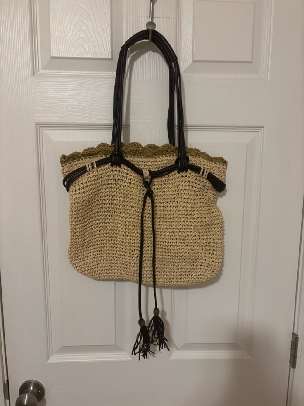 Liz Claiborne Beige Crochet Tote with Black Trim and Tassels